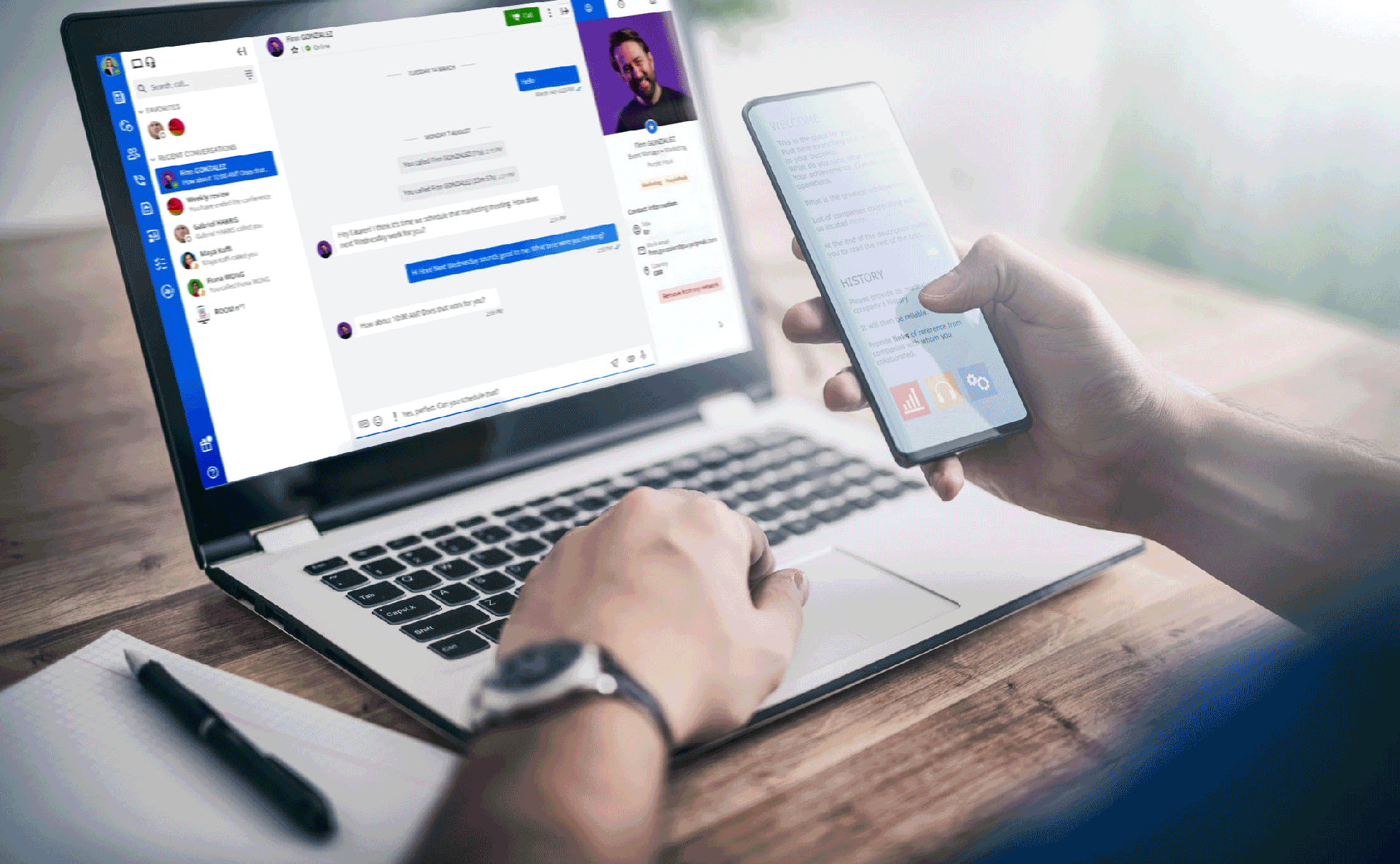 Interface de la plateforme CPaaS Rainbow4all sur ordinateur et mobile Interface de softphonie Rainbow4all pour appels d’entreprise via ordinateur et téléphone